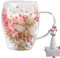 Tasse en verre à double paroi de fleurs sèches, tasses à café en verre à double paroi, tasses esthétiques de fleurs séchées avec poignées, tasses à expresso, tasses à thé transparentes(A)