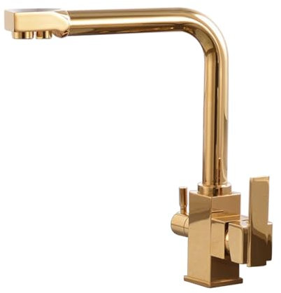 FQYEP Grifo Cocina con Osmosis Integrado Dorado Grifo Fregadero Cocina 3 Vías con 2 Salidas Giratorio 360 ° Grifo Grifo Fregadero Cocina con 2 Palancas Cuadrado Dorado