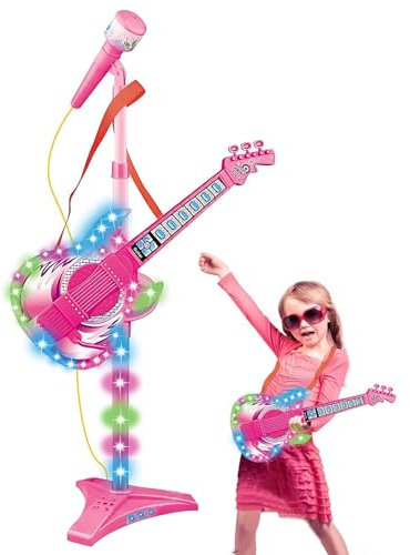 Générique Guitare et Microphone Jouet Musical Guitare Électrique Rose Rock and roll pour Enfants 3-8 Ans avec 6 Boutons de Musique et Effets d'Éclairage