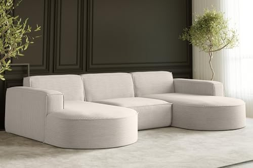 Kaiser Möbel - Ecksofa mit Wohnlandschaft, Eckcouch U Form XXL, Bigsofa, Sofa 3-sitzer, Bequemes Couch mit Ottomane für Wohnzimmer, Relaxsofa, Cord Stoff, Lounge-Set U-Form, Modena Studio, Ecru