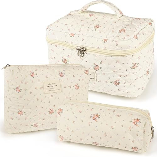 TOPALL Reise Kosmetiktasche Set Damen,Blumen Kosmetiktasche Aesthetic Make Up Bag Tasche Gesteppte Kulturtasche Beauty Case Baumwolle,Red Flower(Large+Medium+Pouch)
