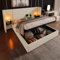 Huayz Polsterbett Doppelbett 180×200 mit Nachttisch, Leselampe und USB Type-C Ladefunktion, Bettanlage Stauraumbett Bettgestell mit Lattenrost aus Massivholz und Metall (Beige + Linen, 180×200cm)