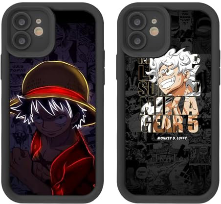 2 Pack Phone Case For iPhone 12 6.1 inch, Anime Gear 5 Nika Luffy Aesthetics Cartoon Pattern Shockproof Aesthetics Design Full lens Protection Cover for Children Boy Girl, Black