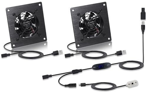 USB/DC Quiet 80MM Quiet Cooling 5V/12v System 4 inches with 10-Speed Temperature Control Switch, for Home Theater AV Cabinets (Temperature Control Speed Switch + 2 Fans, 4 Inches (80MM Fan))