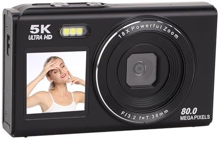 5K Digitalkamera, 80 MP UHD -Dual -Screens -Kamera mit Taschenlampe, 18 -Fach Digitaler Zoom, Autofokus, Selfie -Kamera -Punkt und Dreh Digitalkamera für die Reisefotografie (32GB)