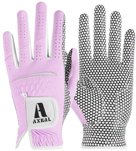 AXKAL Women Golf Gloves Enhanced Grip Comfortable 1 Pack Right Left Hand, Breathable Durable Hot Wet All-Weather Soft Ladies Golf Gloves Purple Pink for Sizes S M ML L XL (Purple, M, Left)