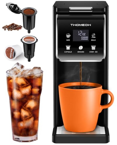 Coffee Maker Hot & Iced With Bold Setting,Single Serve Coffee Maker For K Cup And Grounds,52 Oz Removable Water Tank,6-14 Oz Brew Sizes,One Cup Kcup Coffee Machine With Reusable Filter,(Black)