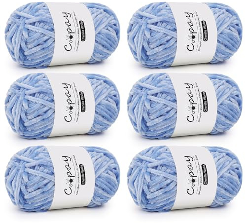 Coopay Chenille Wolle zum Häkeln, 6x100g Weiche Samtig Chenillegarn, Flauschige Dicke Wolle zum Stricken, Warme Plüschwolle Häkelgarn für Decken, Schals, Mützen - Himmelblau