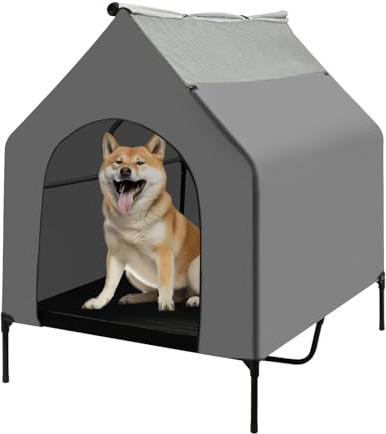 Erhöhtes Hundebett Hundebett für draußen Haustierhaus mit abnehmbarem Deckel Erhöhtes Hundebett mit Baldachin Haustierbett Hundeliege Outdoor mit Dach Atmungsaktiv Taftstoff für Camping Grau