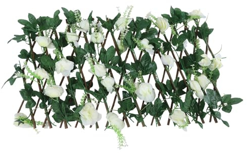 Gdfnmogo Treillis de jardin rétractable en bois avec fleurs artificielles - Panneau de clôture extensible pour balcon, cour - Décoration murale - Blanc