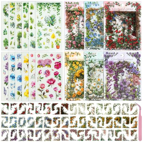 jwogngls 180 Stück Scrapbook Stickers Hofecke, PET Scrapbook Papier mit 12 Stück Blumen Sticker Blumenhaus, Journaling Zubehör mit Pinzette, Scrapbooking Zubehör für Junk Journal und DIY-Fotoalben