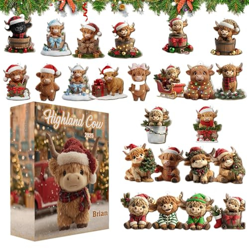 Kuh Adventskalender 2025, 24 Tage Countdown Kalender mit 2D Acryl Kuh Anhängern, niedliche Weihnachtsdekorationen mit Kuh Anhängern, Countdown Kalender für Kinder die Kühe lieben