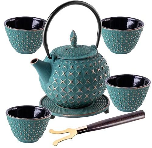 KADAX Japanische Teekanne 0,7  L mit 4 Teetassen für losen Tee, Japanisches Teeservice aus Gusseisen, Gusseiserne Kanne mit Teesieb, Deckel, Griff & Untersetzer (Grün)