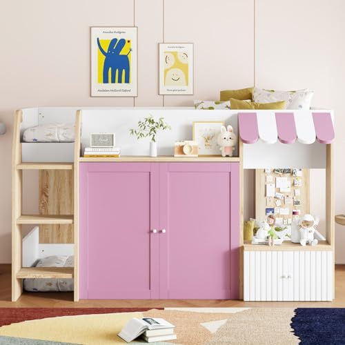 EURHCIO Lit Mezzanine 1 Place 90x200cm,Lit Cabane Enfants avec Étagères,Grand Escalier,Armoire,Portes,Barrière Haute,Sommier à Lattes Solide,pour Enfants Adolescents (Rose)