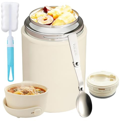 Aohcae Thermobehälter für Essen 850ml, Edelstahl, Auslaufsicher Warmhaltebehälter Essen mit Löffel & Reinigungsbürste, Müslibecher to go Thermo lunchbox für Gefrierschrank, Spülmaschine, Erwachsene