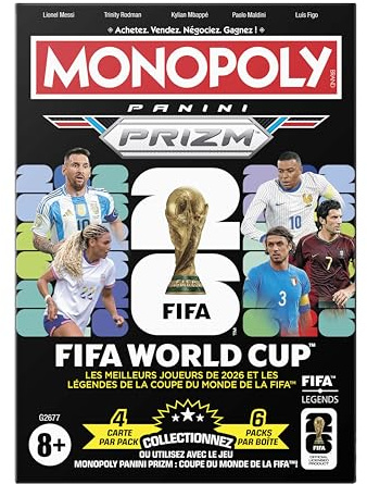 Boîte de boosters de Cartes à Collectionner Monopoly Panini Prizm : Coupe du Monde de la FIFA | Stars Actuelles et légendes | Cadeaux pour Fans de Football - Version française