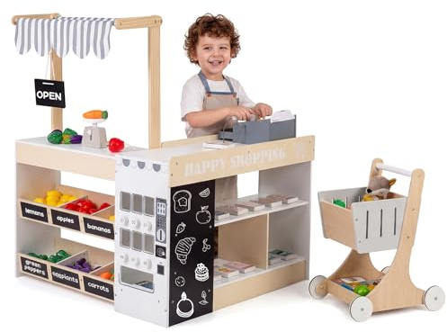 COSTWAY Kinder Kaufladen mit Einkaufswagen, Kaufmannsladen Holz mit Verkaufsautomat Spielzeug, Kasse, Ladentheke, Schiefertafeln, Regale & Spiellebensmittel, Supermarkt für Kinder ab 3 Jahren