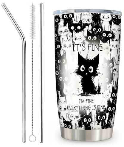 Cat Bottle Travel Mug, 20oz Black Cat Mug, Cat Hot Water Bottle for Women, Cat Coffee Cup for Home Office Travel with Lid & Straws, Gifts for Cats Lovers Women