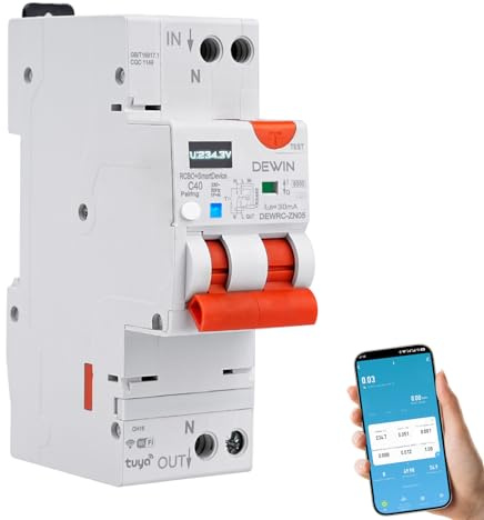 Candeon Disjoncteur différentiel, Tuya Disjoncteur intelligent WiFi 1P+N 40A Avec réactivation automatique et protection contre le courant différentiel (DEWRC-ZN05 30mA type A)