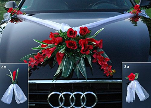 Spitze STRAUß Auto Schmuck Braut Paar Rose Deko Dekoration Hochzeit Car Auto Wedding Deko PKW (Rot 5)