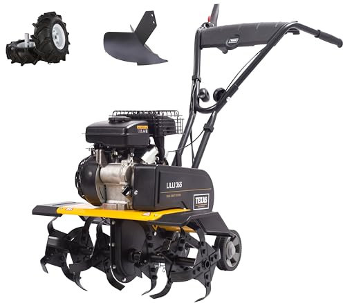 TEXAS Gartenfräse Motorhacke Bodenhacke Bodenfräse Benzin mit Antrieb Lilli 365TG Set mit Pflug und Rädersatz | 40-60 cm Arbeitsbreite |1400 Watt | 1,9 PS | 26 cm Tiefe | Vorwärts- und Rückwärtsgang