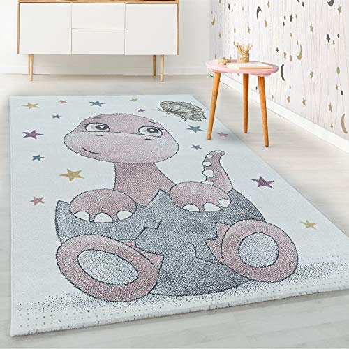 HomebyHome Kinderteppich Kurzflor Baby Dino Design Kinderzimmer Babyzimmer Spielzimmer 8 mm Florhöhe Weich Rechteckig Rund Läufer Rosa, Farbe:Pink, Grösse:200x290 cm
