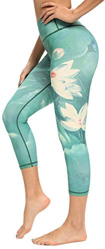 HAPYWER Yoga Leggings Damen High Waist Yogahose Bunt Gym Sport Leggings Tummy Control Running Workout - Stretch Kompressionshose mit Aufdruck für Frauen(7/8 Lotos Grün,L)