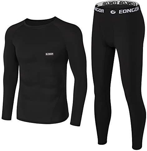 EONGOA Herren Thermounterwäsche Set,Funktionsunterwäsche Suit mit Innenfleece, Flexibel Skiunterwäsche Männer Winter Warme Thermounterhemd Unterwäsche für zu Hause Winter, Schwarz, L