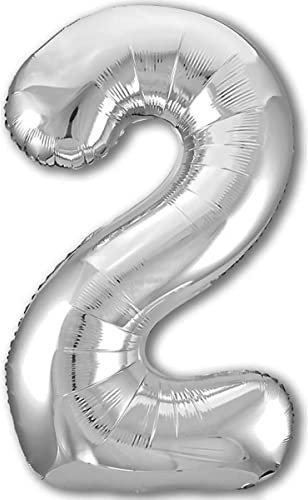 Luftballon 2. Geburtstag Zahl 2 Silber XXL Riesen Folienballon 100cm Geburtstagsdeko Ballon Zahl Deko zum Geburtstag. Fliegt mit Helium.