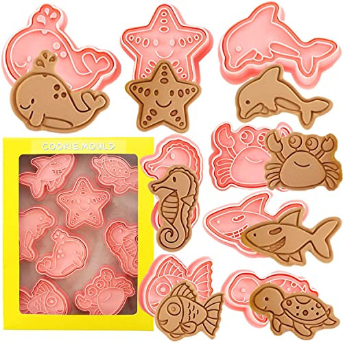 Juego de cortadores de galletas oceánicas, sellos de galletas oceánicas, 8 piezas de cortadores de galletas con sellos de émbolo para moldes de hornear fondant