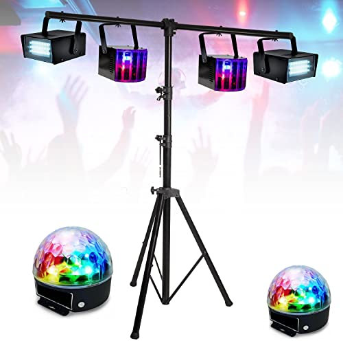 IBIZA SOUND LIGHT - Pack 6 Jeux Lumière avec Support Pied 2,80m - 2 Effets Derby - 2 Strobos - 2 Astro - DJ - Mariage - Fête - Anniversaire - Soirée