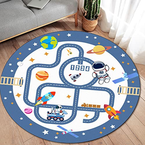 RSGK Alfombra De Juego para Niños, Alfombra De Nave Espacial De Astronauta De Dibujos Animados Modernos, Alfombra De Piso Circular Antideslizante, Alfombra De Juego para Niños, Sala De Juegos Y Aula