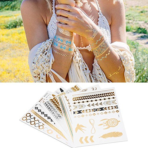 Temporäre Metallic-Tattoos, 5 Große Blätter, Gemischte Gold-Silber-Glitter-Farbblitz-Fälschung, Wasserdichte Tattoo-Aufkleber für Erwachsene, Kinder, Strandfeste, Partys