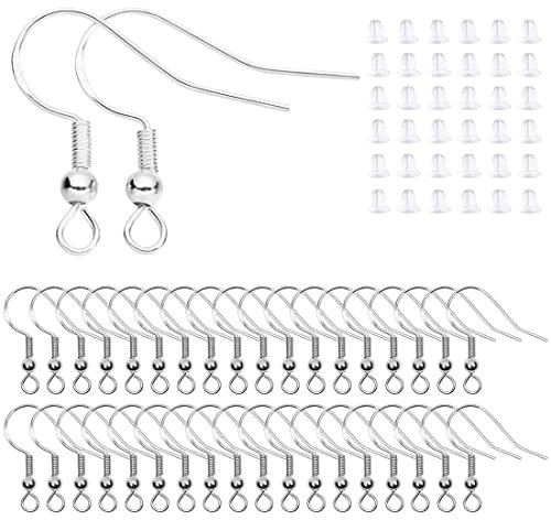 Ohrring Machen Set, 100 Stück 925 Silber Ohrring Haken Hypoallergene Versilberter Ohrhänger hypoallergene ohrhaken mit 100 Stück Durchsichtig Gummi Ohrstopper für DIY Schmuckherstellung Ohrhänger