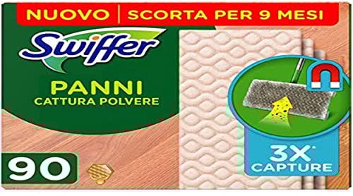 Swiffer Panni Catturapolvere Di Ricambio Per Scopa Ideali Per Parquet 90 Pezzi, Per Catturare E Intrappolare 3 Volte Più Polvere, Sporco E Peli Di Una Scopa Tradizionale