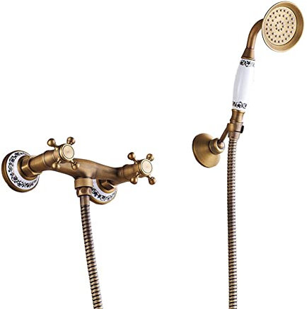 Robinet Baignoire, Mitigeur Baignoire Avec Douchette À Main Finition Laiton Antique Mural Double Poignée Laiton Mitigeur Douche Avec Support Et Flexible De Douche 1.5M, Robinet Bain