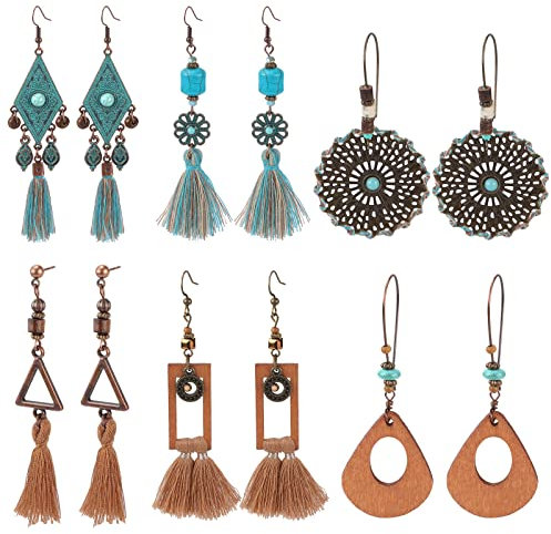 Vspek 6 Paar Bohemian Ohrringe, Damen Bohemian Fransen Feder Set Ethnische Lange Bunte Fringe Ohrringe für Weihnachten Valentinstag Muttertag Geburtstag Geschenk (Blau + orange)