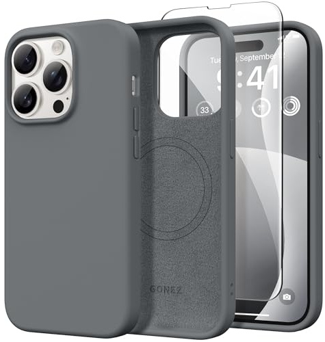 GONEZ Magnetic for iPhone 14 Pro Case, Silicone Cover Dark Grey | Compatible with MagSafe, Screen Protector, Microfiber Lining, 3 Layers Soft Gel Rubber Shockproof Slim 6.1