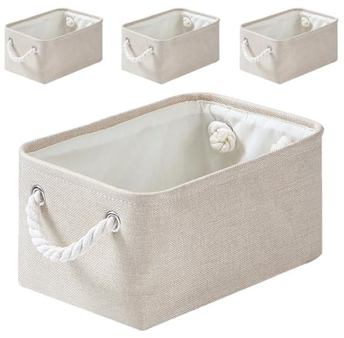 Mangata Stoff Aufbewahrungsboxen, Faltbare Aufbewahrungsbox mit Seilgriffen für Regale, Schrank, Kleiderschrank, 4er-Pack (Helles Khaki, S)