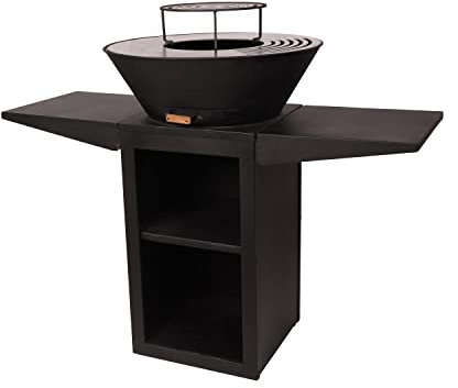 PUR LINE | Grand barbecue en acier avec plaque circulaire en acier inoxydable et finition Corten ou noire – Barbecue brasero multifonction avec grille, plateaux latéraux rabattables