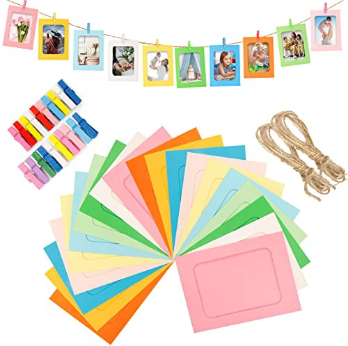 jijAcraft 11.5 x 15.5cm Papier Fotogirlande Bunt: 20 Stück Papier Bilderrahmen zum Basteln Fotogirlande Geburtstag mit Holzfotoklammern und Juteschnur