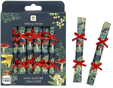 Talking Tables Handmade Eco-Friendly Saucer Christmas Crackers | Mini Mushroom Themed Design | Contains Joke/Questions | Plastic-Free | Recyclable Tableware for Xmas, Boxing Day, Size 13cm Pack of 8
