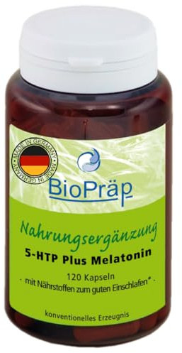 BioPräp® 5-HTP Plus Melatonin & Vitamin B6 | 120 Kapseln | vegan | aus Schwarzbohnenxtrakt (25% 5-Hydroxytryptophan) | 0,5 mg Melatonin & Vitamin B6 | Made in Germany | zertifizierte Produktion
