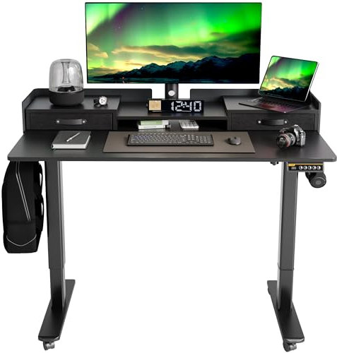 Claiks Schreibtisch Höhenverstellbar Elektrisch, Höhenverstellbarer Schreibtisch 120x60 cm mit Schubladen und Monitorständer, Standing Height Adjustable Desk, Schwarz