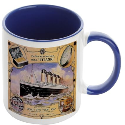Vintage White Star Line Titanic Vinolia Otto Toilet Soap Poster, 11oz Inside Coloured Ceramic Mug. (Navy Blue)