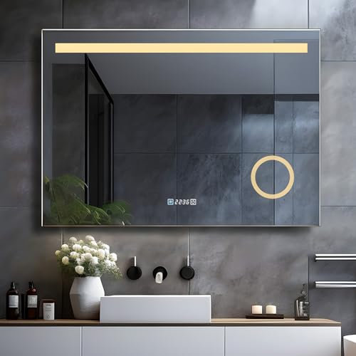 Lisa Espejo de baño LED con iluminación 80 x 60 cm, Espejo de baño Grande, con Enchufe y Reloj táctil, Regulable, Blanco cálido, luz Blanca fría, Espejo de Pared para bañ
