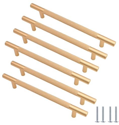 Cjueiom 6 Pack Gold Cupboard Handles 160mm Hole Center T Bar Handles, Knurled Drawer Handles Long Wardrobe Door Handles Pulls with Diamond Pattern, Kitchen Cabinet Handles for Bedroom Drawer
