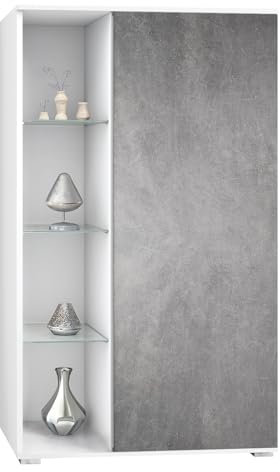 Vladon Vitrine Davos, Made in Germany, Standvitrine mit 3 Glasböden und 8 Fächer, Weiß matt/Steingrau (71,5 x 134 x 35 cm)
