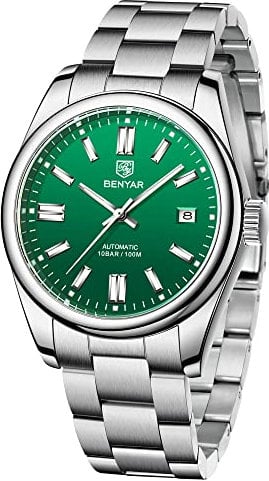 BENYAR 5185 Orologio automatico da uomo cinturino in acciaio inox impermeabile luminoso casual business sport analogico a carica automatica Data orologio da polso, Verde, Classico