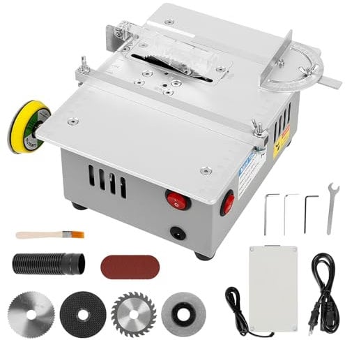 Mini sega da tavolo, 240 W, doppio controllo del motore, con disco abrasivo da 2 pollici, 10 cuscinetti per lucidatura e 4 lame, profondità di taglio regolabile, seghe circolari da tavolo, spina